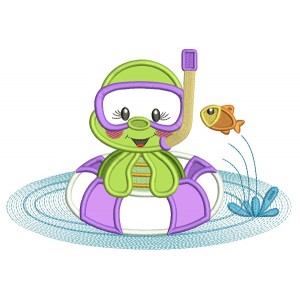 Cute Little Turtle Swimming on a Roud Floaty Summer Applique Machine Embroidery Design Digitized